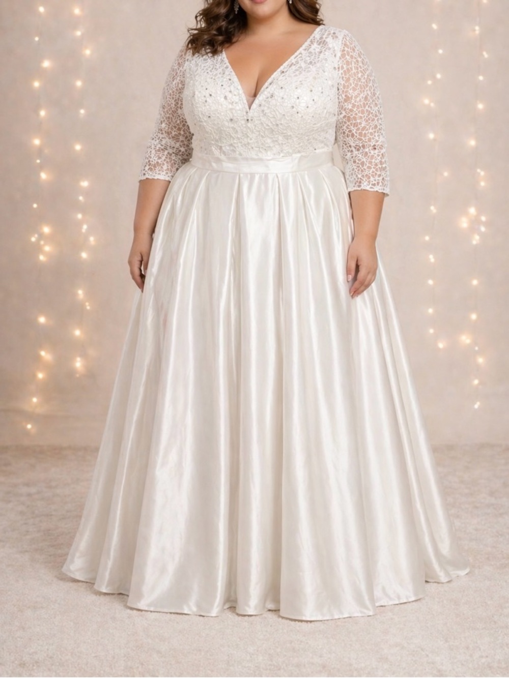 Plus Size Ivory V-Neck Lace & Satin Wedding Dress